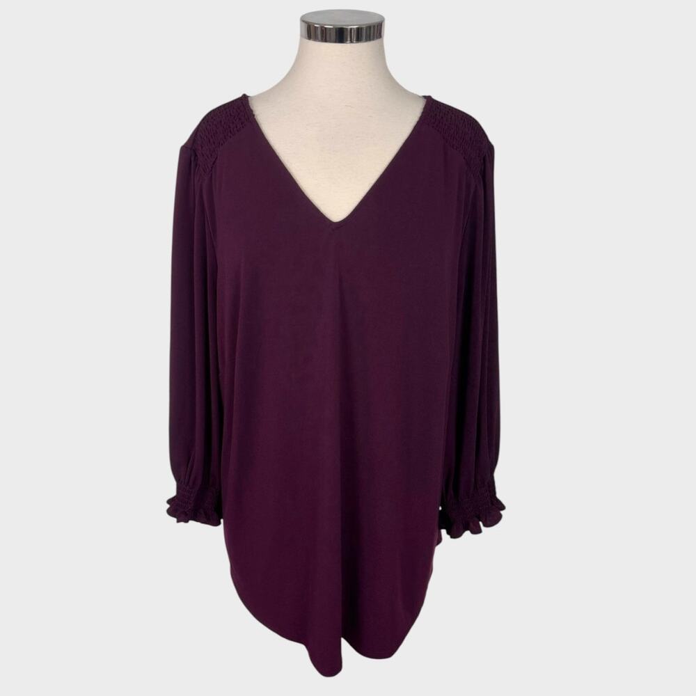 Adrianna Papell Womens Plus Size 3X Blouse Deep Purple Long Sleeve V Neck